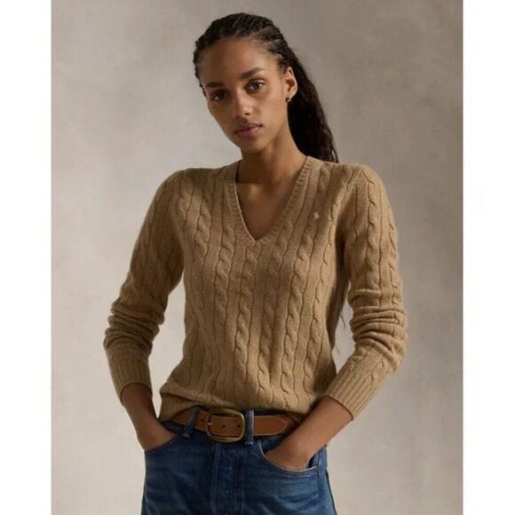 Polo ralph lauren Cable-Knit Wool-Cashmere V-Neck Sweater L  Camel Melange $198 - Picture 1 of 9